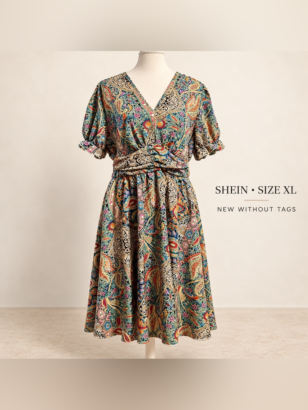 SHEIN Multicolor Paisley Floral Belted Midi Dress Size XL NWOT